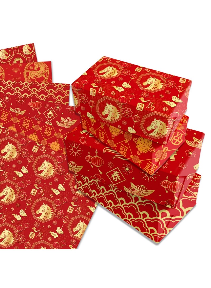 saykfoe 12 Sheets Chinese Red Wrapping Paper: Lunar New Year Gifts Wrap Paper - Year of The Horse Gift Wrapping Paper for Families Collague Friends Spring Festival Party Favors Gift Decor - Image 3